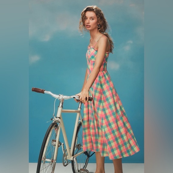 Anthropologie Hunter Bell Corey Strapless Ruffle-Trim Midi Dress Key Largo Plaid - Picture 2 of 7